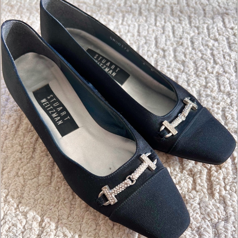 Vintage Stuart Weitzman Black Satin Crystal Pumps Formal Heels